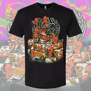 Front view of Hot Stuff Party T-Shirt by Mindzai Apparel showing bold graphic.