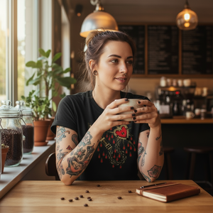 Close-up of “Love Kills” tee print detail highlighting ink and fabric texture.
