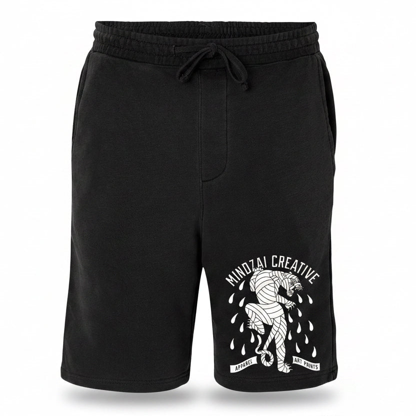 Dark gray shorts with a tiger graphic and text on a white background with artistic designs.