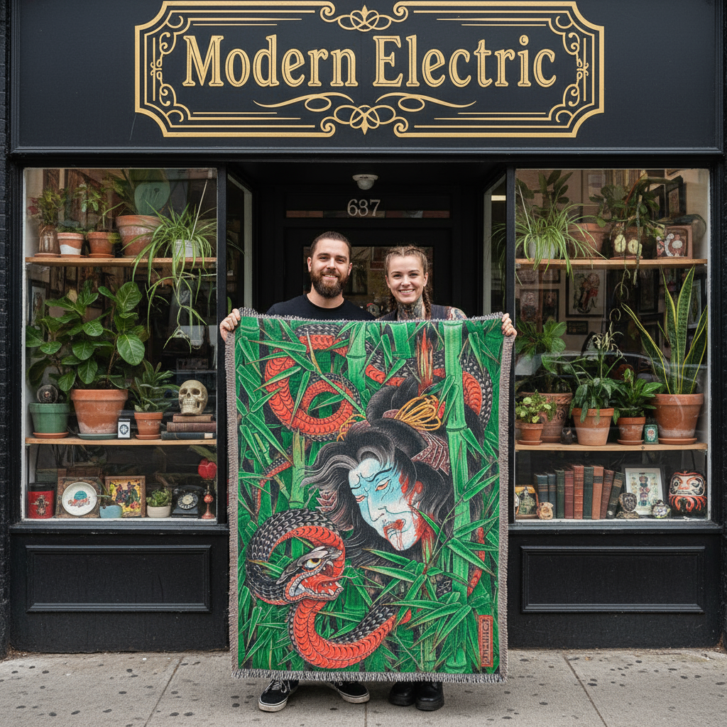 “Kaze no Yūsha” throw by Ryan Ussher draped over couch for room decor.