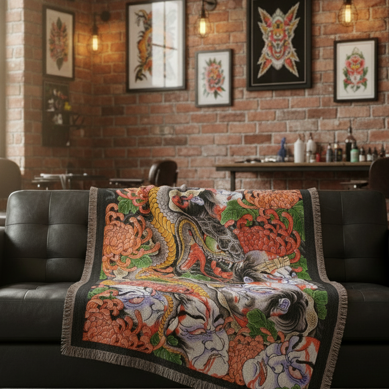 The Snake & The Namakubi blanket draped over a couch for stylish home decor.