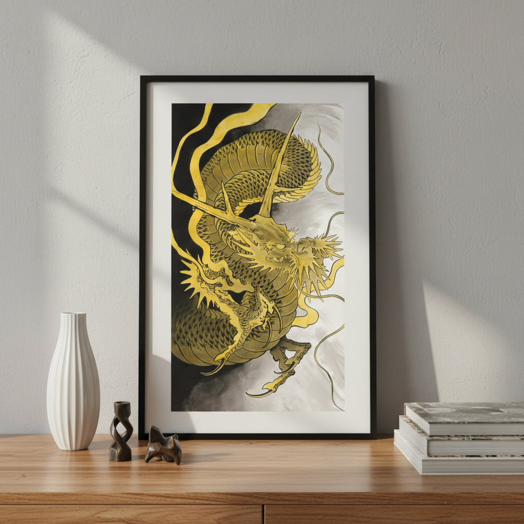Gold Dragon 03 Japanese dragon wall art print by Bill Canales in a modern gallery setting