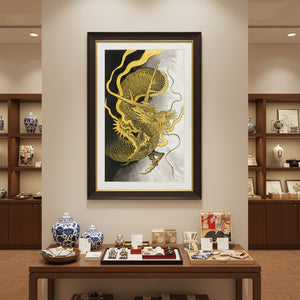 Framed Gold Dragon 03 tattoo-inspired art print displayed in a contemporary interior