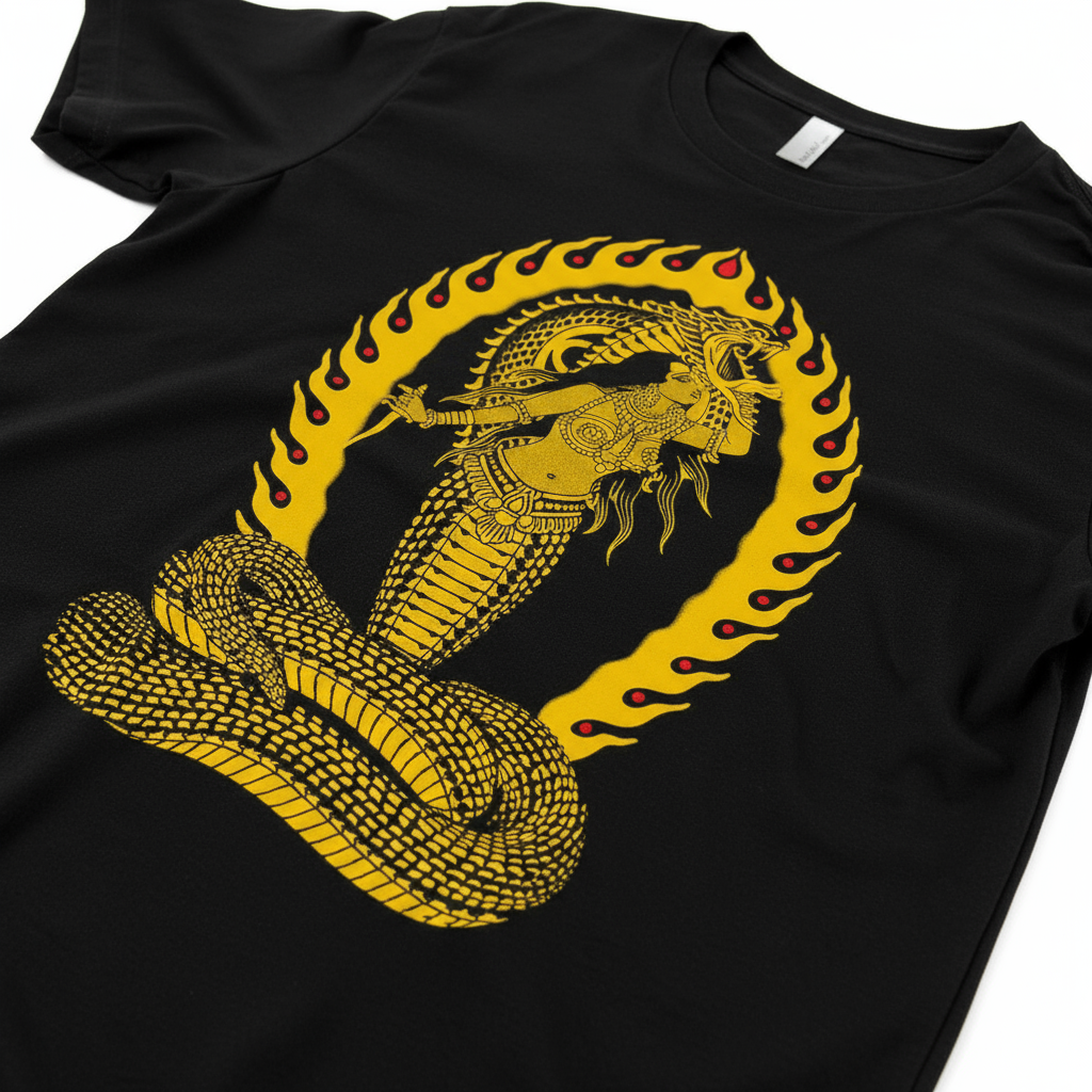 Detail shot of serpent illustration on the Snake Charmer Tee.