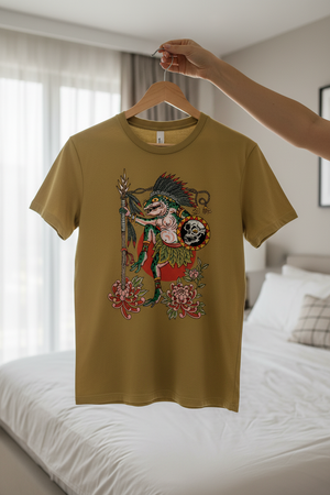 Woman wearing the Alex Q Sundance Shirt with colorful tattoo-inspired artwork on the front