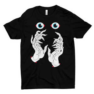 Front view of They Know You're High Tee by Mike Barker featuring surreal eye and skeletal hand graphic