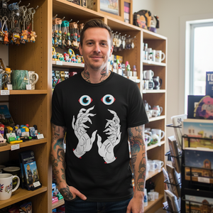 Person wearing They Know You're High Tee by Mike Barker inside a tattoo lifestyle shop