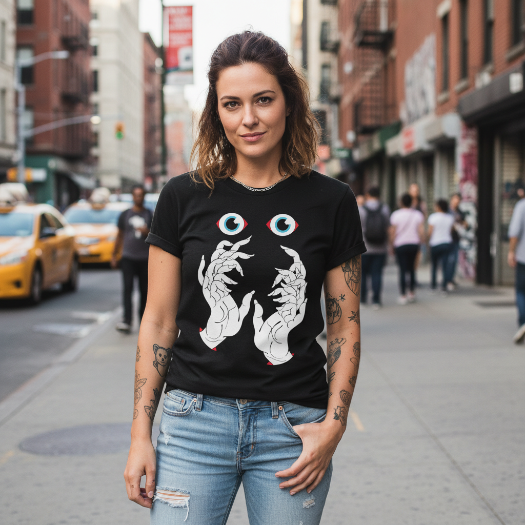 Woman wearing They Know You're High Tee by Mike Barker with surreal eye and skeletal hand graphic