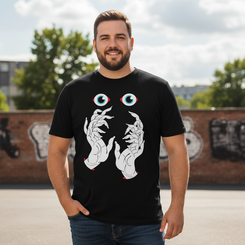 Model wearing They Know You're High Tee by Mike Barker featuring surreal graphic streetwear design