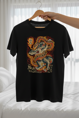 Black t-shirt with a colorful dragon design on a white background