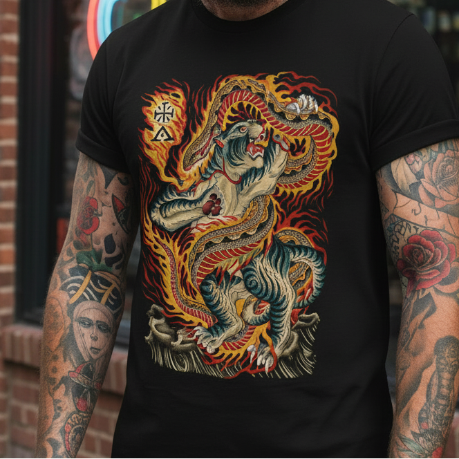 Black t-shirt with a colorful dragon design worn by a person with tattoos.