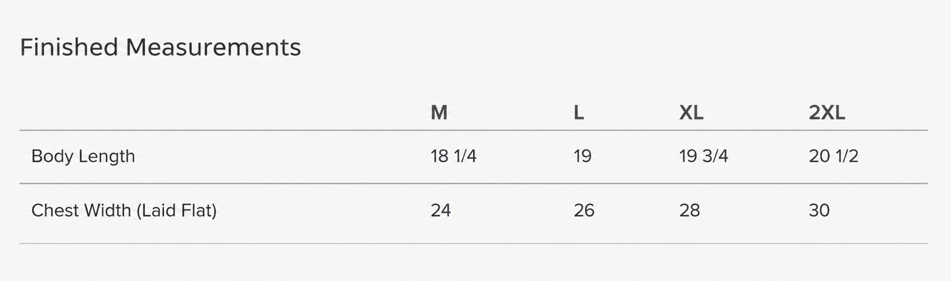 Product size chart