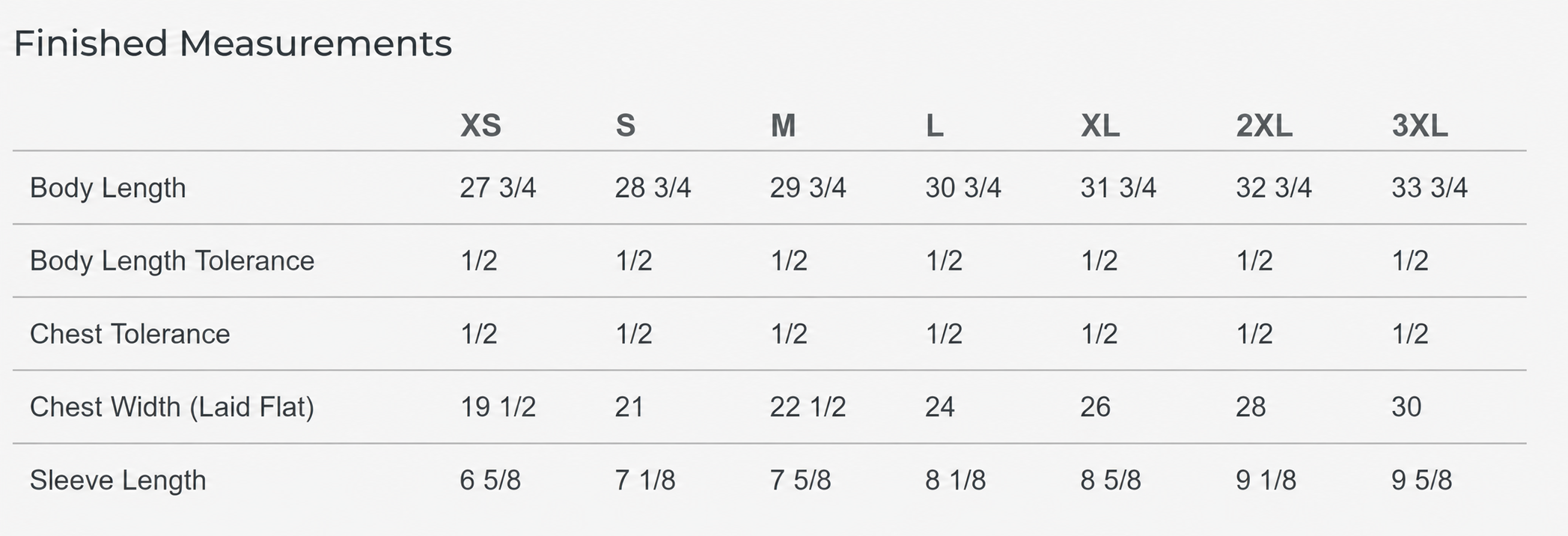 Product size chart