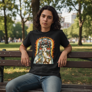 Side/back view of “Mourning Death” tee highlighting fabric texture and fit.