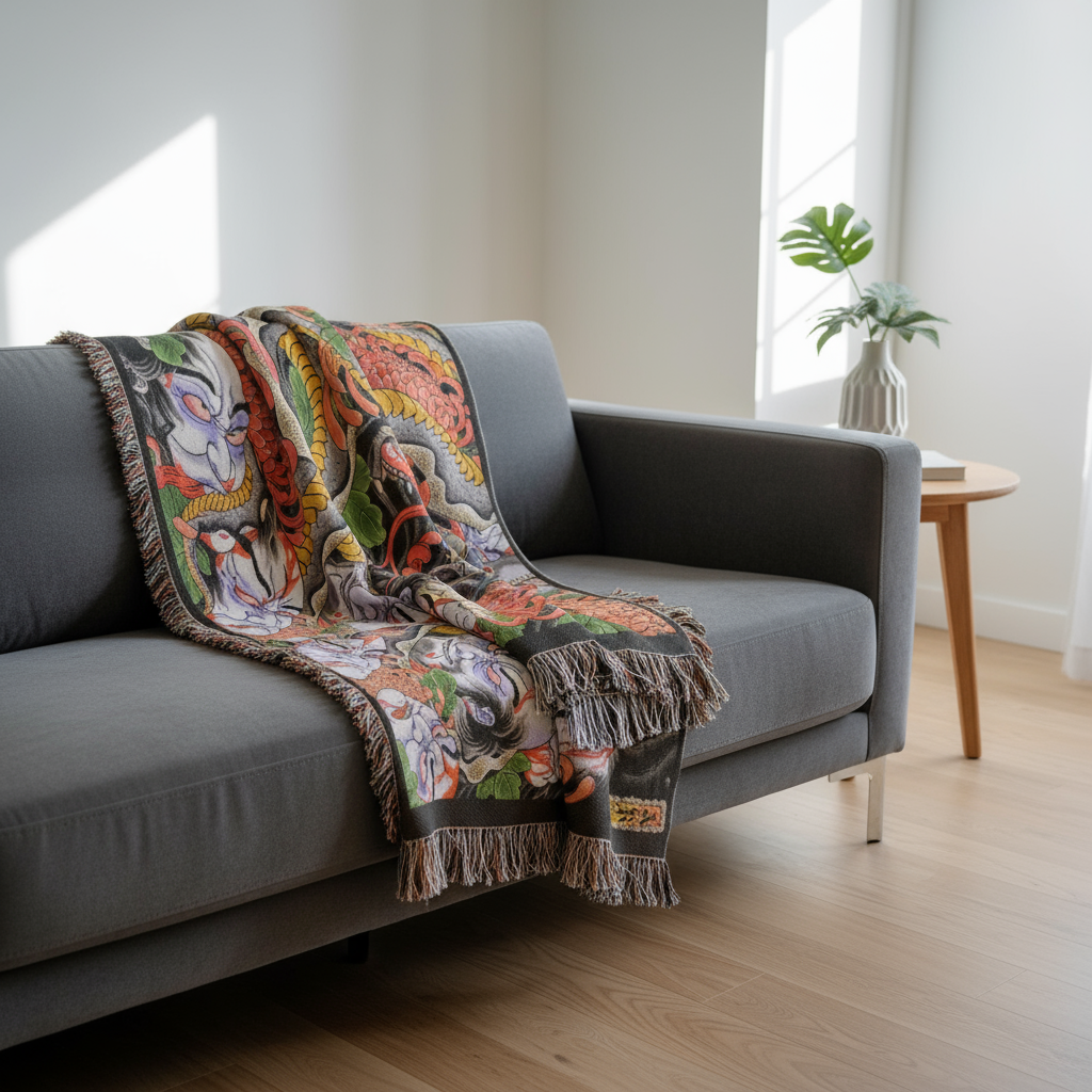 The Snake & The Namakubi blanket by Alex Rusty – bold Japanese-inspired design on 60×80″ throw.