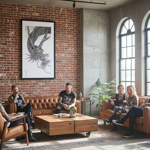 Group of people sitting in a modern living room with brick wall and large windows.