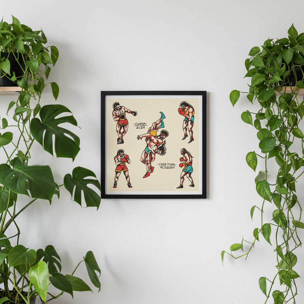 Framed Cunha Lucha Libre tattoo art print displayed in a modern interior featuring traditional tattoo-inspired wrestler artwork