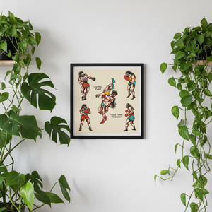 Framed Cunha Lucha Libre tattoo art print displayed in a modern interior featuring traditional tattoo-inspired wrestler artwork
