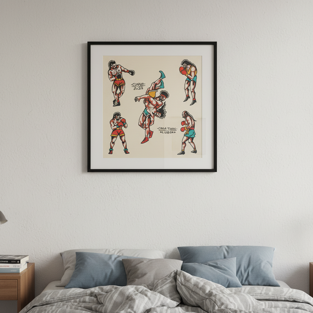 Framed artwork of vintage-style boxer illustrations on a wall above a bed.