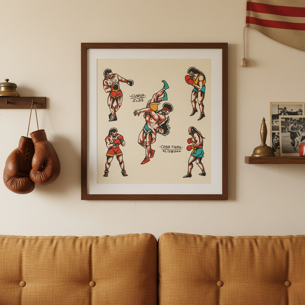 Framed boxing-themed artwork on a wall with boxing gloves and a flag in the background.