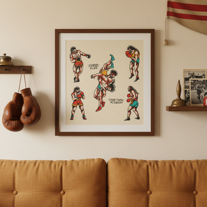 Framed boxing-themed artwork on a wall with boxing gloves and a flag in the background.