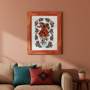 Traditional tattoo design of a cowboy on a horse with floral elements.