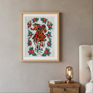 Framed artwork of a tiger with floral patterns on a wall in a room.
