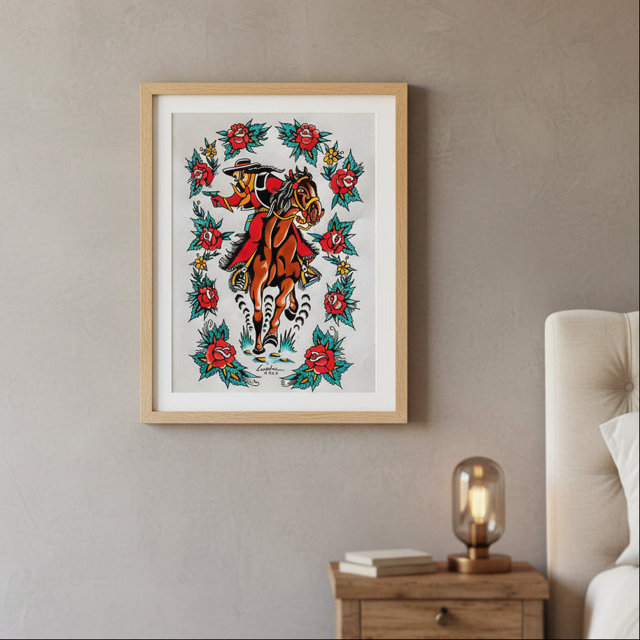 Framed artwork of a tiger with floral patterns on a wall in a room.