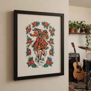 Traditional tattoo design of a cowboy on a horse with floral elements.
