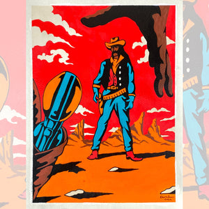 Cunha The Stand Off limited edition giclée art print featuring a modern cowboy beneath a dramatic red sky