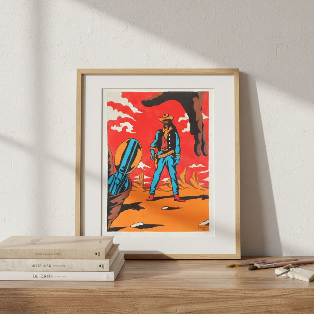 Cunha The Stand Off framed giclée art print displayed on a modern shelf