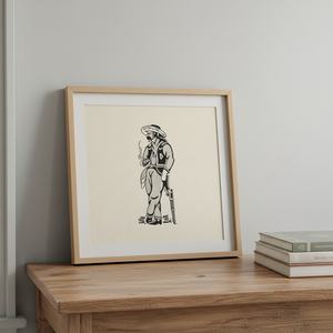 Framed Smokin Cowboy tattoo art print by Cunha displayed in a modern interior