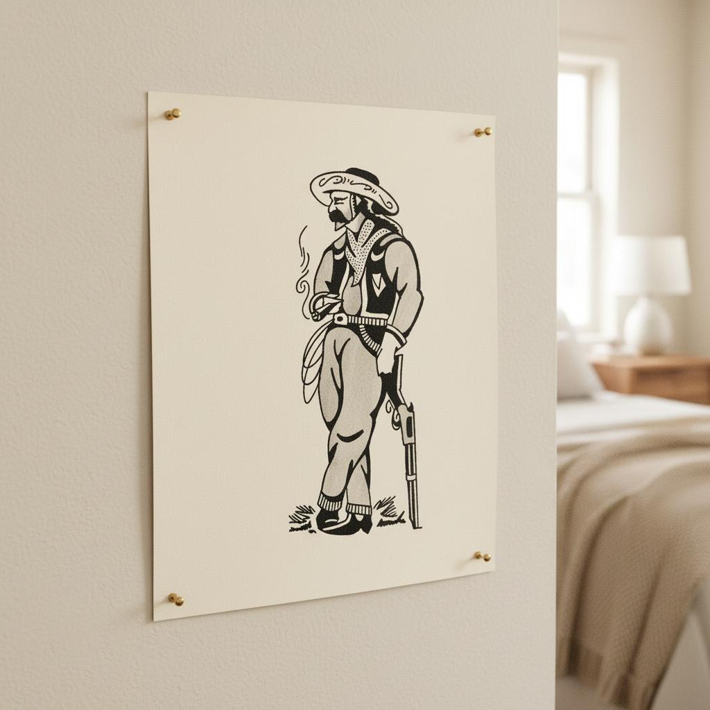 Framed artwork of a cowboy on a wall in a bedroom.