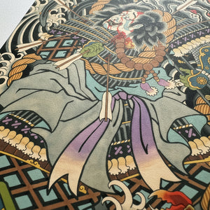 Close-up of TAIRA NO TOMOMORI Japanese tattoo art print featuring traditional samurai robes and irezumi-inspired details