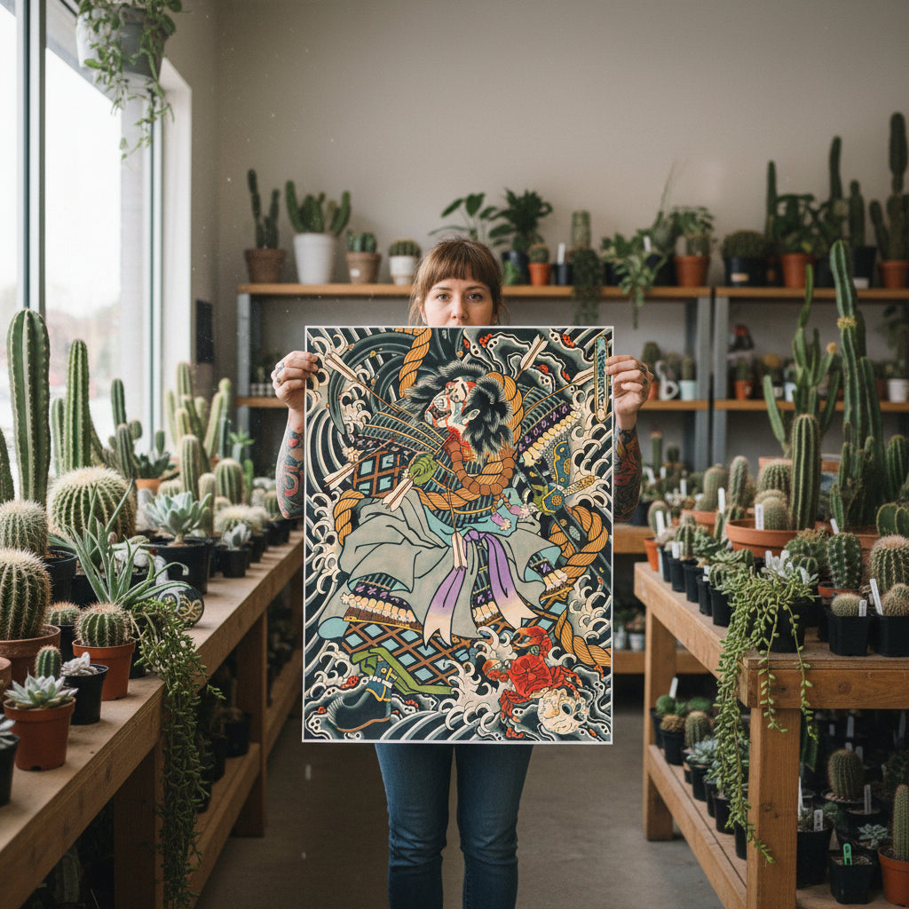 Person holding a colorful artwork in a plant store
