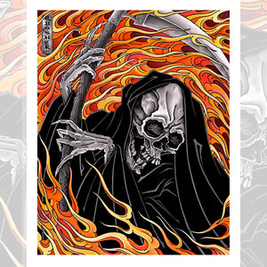 Artistic depiction of the Grim Reaper with flames in the background