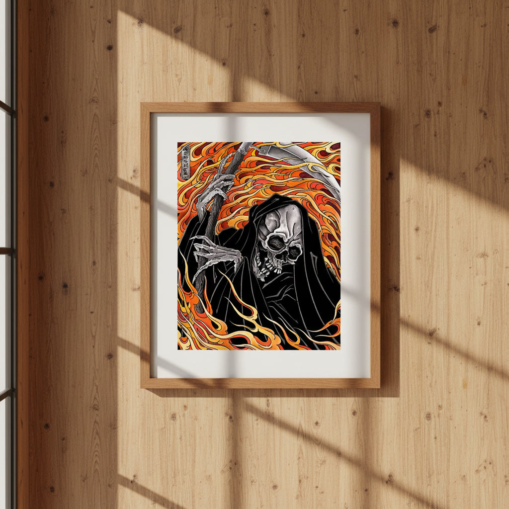 Framed artwork of a stylized skeleton with flames on a wooden wall.