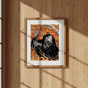 Framed artwork of a stylized skeleton with flames on a wooden wall.