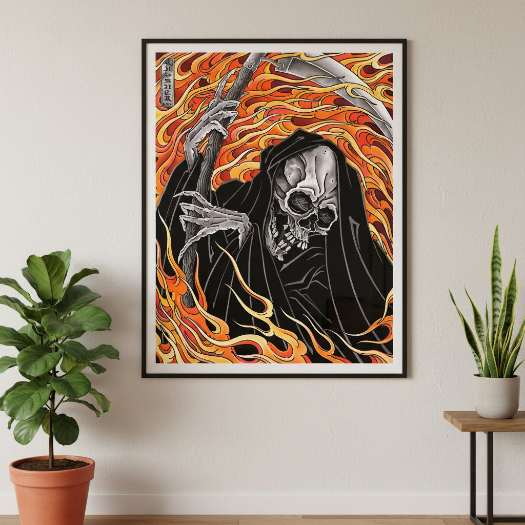 Framed artwork of a skeleton with flames on a wall with plants below.