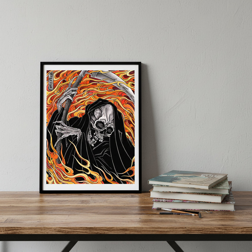 Artistic depiction of the Grim Reaper with flames in the background