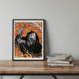 Artistic depiction of the Grim Reaper with flames in the background