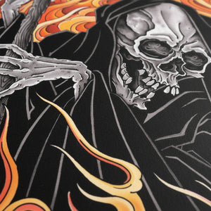 Illustration of a skeleton with a skull face, outstretched arm, and flames on a black background