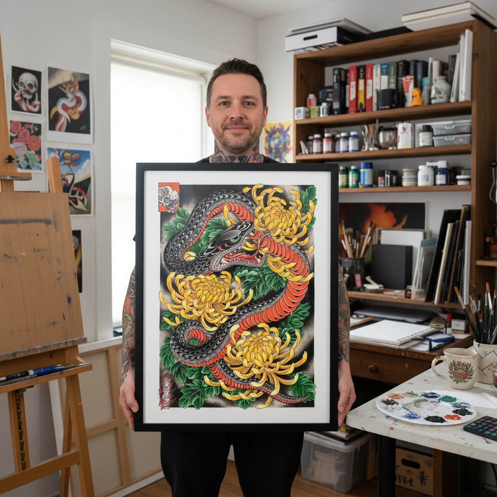 Ryan Ussher Holding Snake & Chrysanthemums Tattoo Art Print in Studio