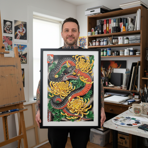 Ryan Ussher Holding Snake & Chrysanthemums Tattoo Art Print in Studio