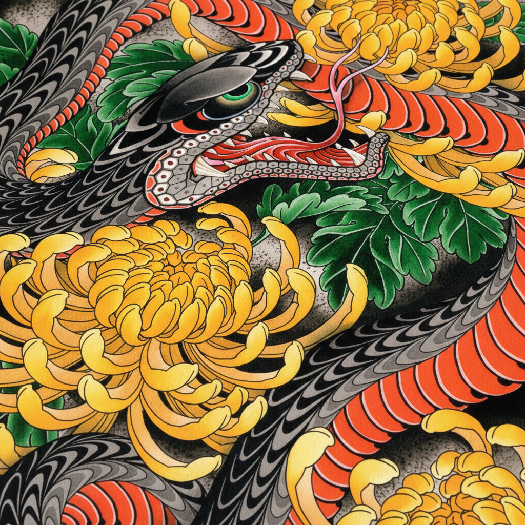 Close-Up Detail of Ryan Ussher Snake & Chrysanthemums Tattoo Art Print