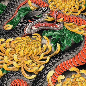 Close-Up Detail of Ryan Ussher Snake & Chrysanthemums Tattoo Art Print