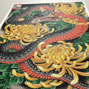 Close-Up of Ryan Ussher Snake & Chrysanthemums Tattoo Art Print