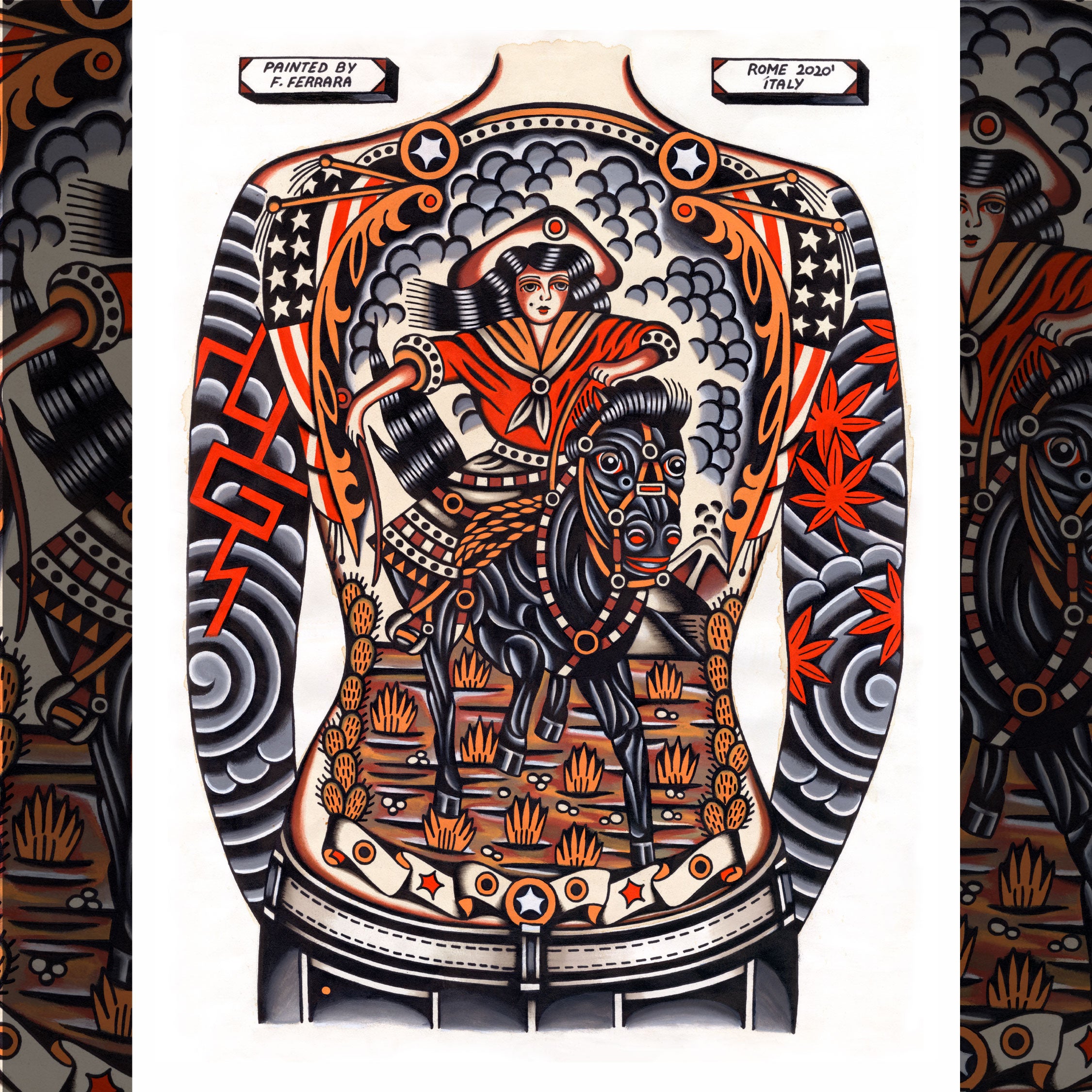 cowboy backpiece tattoo design